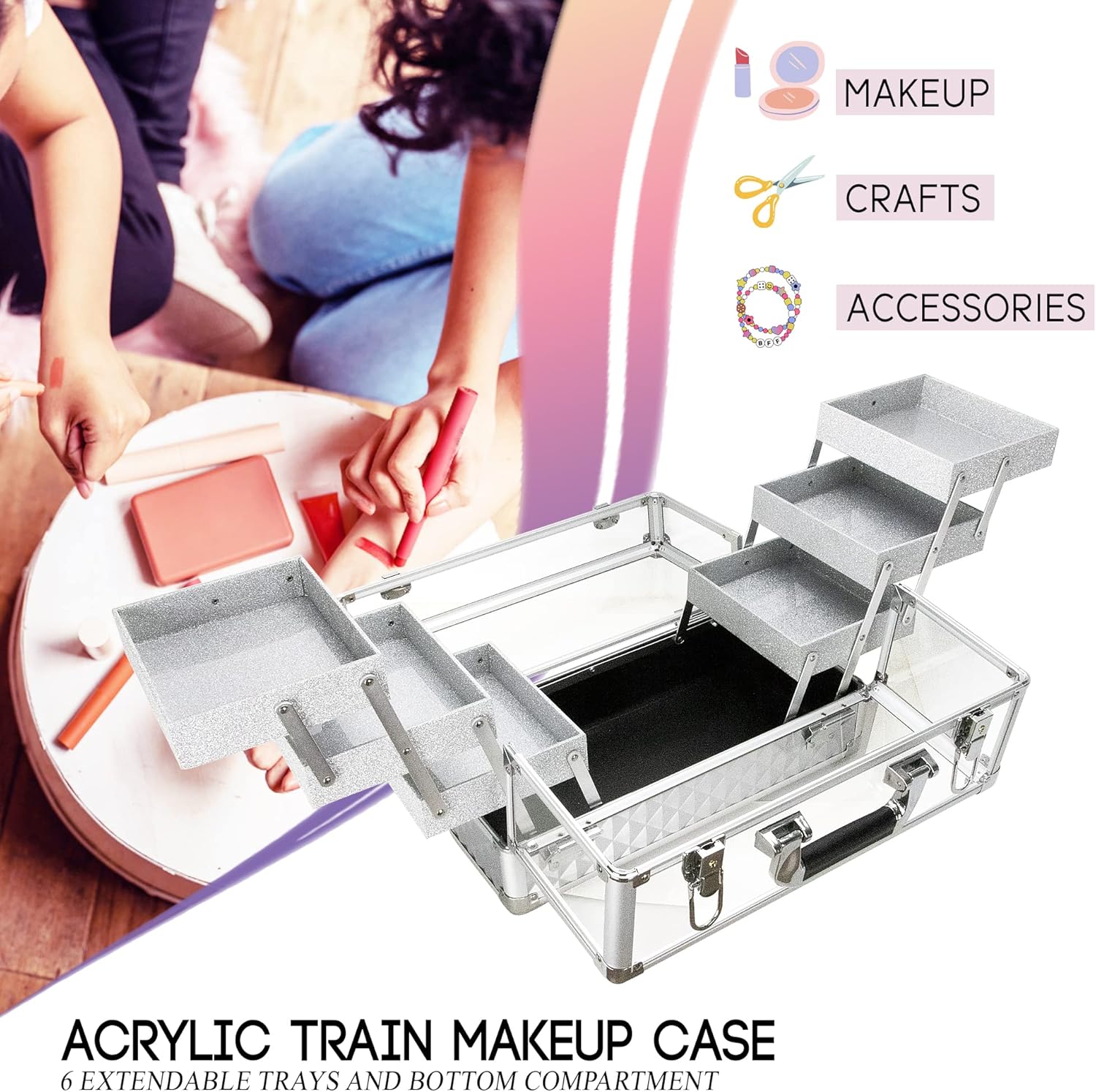 Ver Beauty Makeup Train Case 14 inch Armored Acrylic Large Portable Cosmetic Case 6 Trays Professional Storage Organizer Box for Make Up Artist Jewelry Nail Kits Crafts Display Brush Holder - Silver
