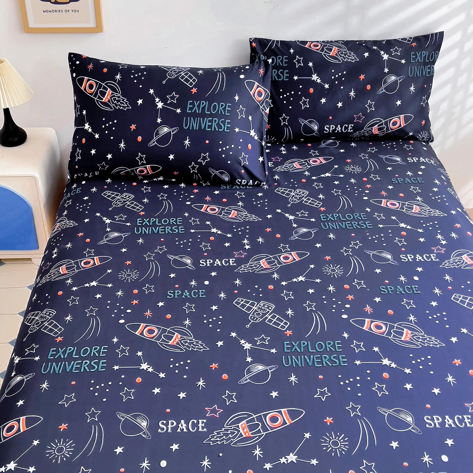 Queen Sheet Set Kids - Navy Blue 4 Pieces Soft Microfiber Cartoon Style Bedsheets for Boys Girls Teens, Oeko TEX Breathable 15 Inch Deep Pocket Sheets(Space Rocket)