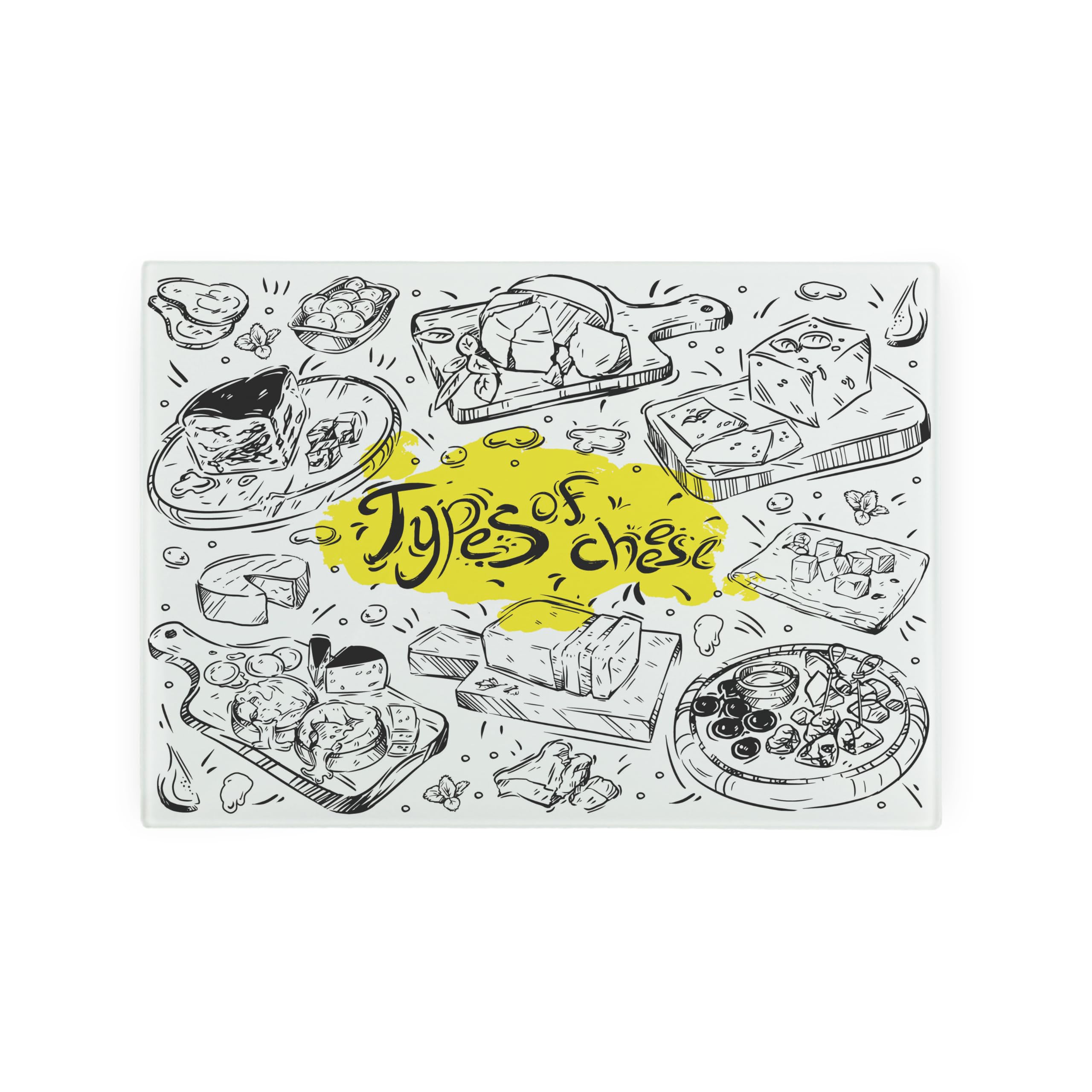 Cheese Themed Small Glass Worktop Saver - Food Doodles Gifts - Smooth Kitchen Chopping/Cutting Board Worktop Protector with Non-Slip Feet 28.5cm x 20cm (11" x 8")