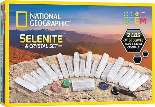 NATIONAL GEOGRAPHIC Juego de cristales de selenita, 2 libras de varitas de selenita a granel y 5 cristales de primera calidad, cuarzo rosa,