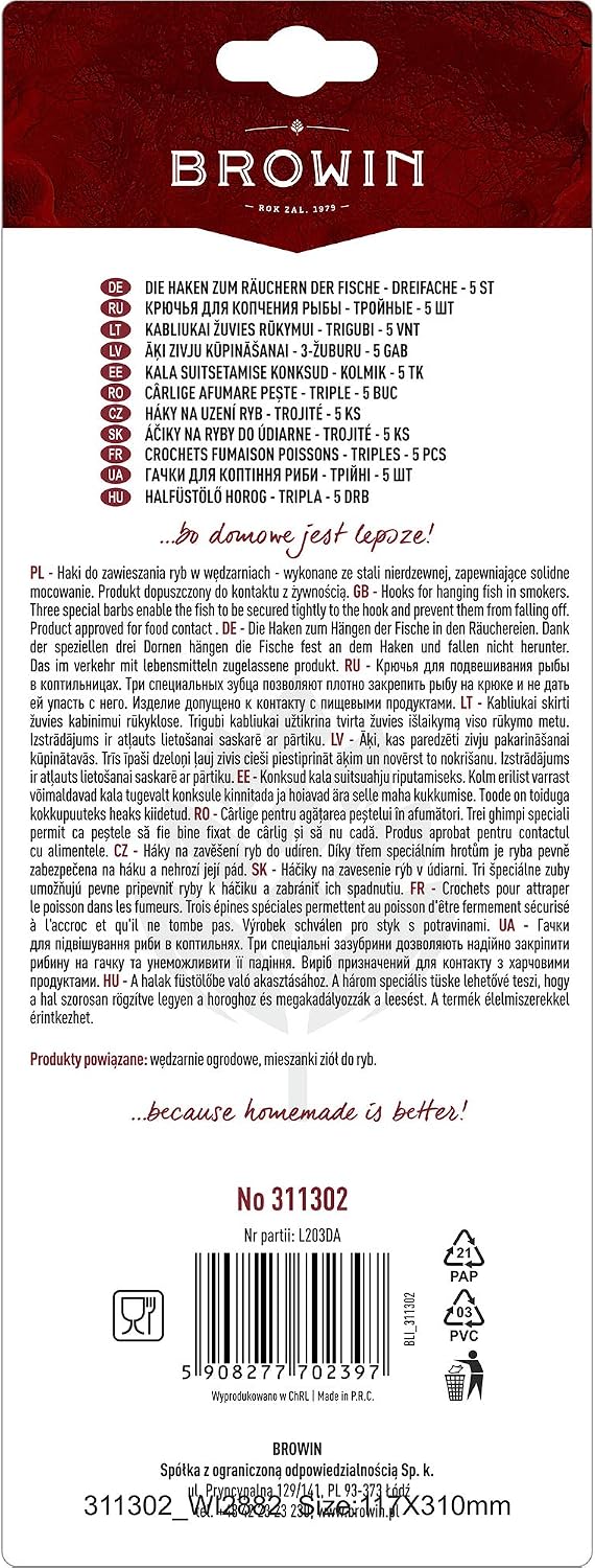 Browin 311302 Крючки для копчения рыбы тройные из нержавеющей стали устойчивые к высоким температурам 5 шт.