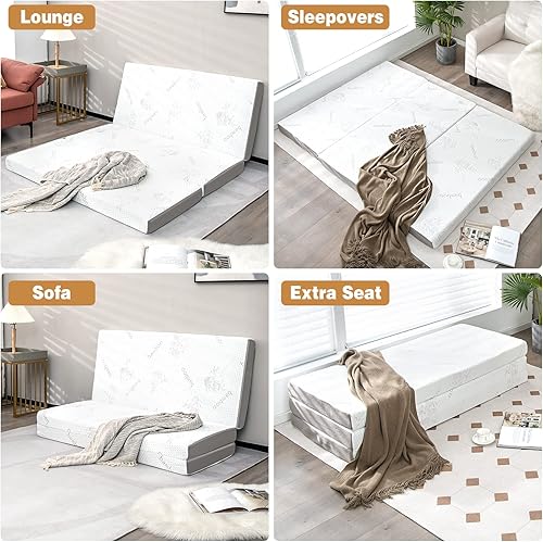 Miniatura 6 de KOMFOTT Colchón plegable de 4 pulgadas con bolsa de almacenamiento, tamaño Queen, colchón de espuma viscoelástica con funda de bambú, colchón de