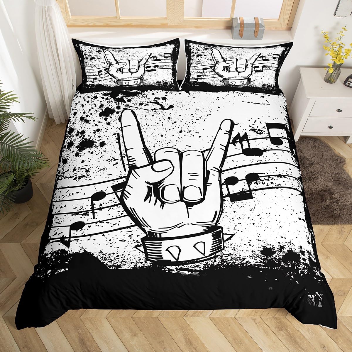 Homewish Rock Music Bedding Sets Super King Musical Theme Comforter Cover, Music Notes Print Bed Set Black and White Duvet Cover, Grunge Vintage Retro Quilt Cover Rock Popstar Musician Bedroom Decor