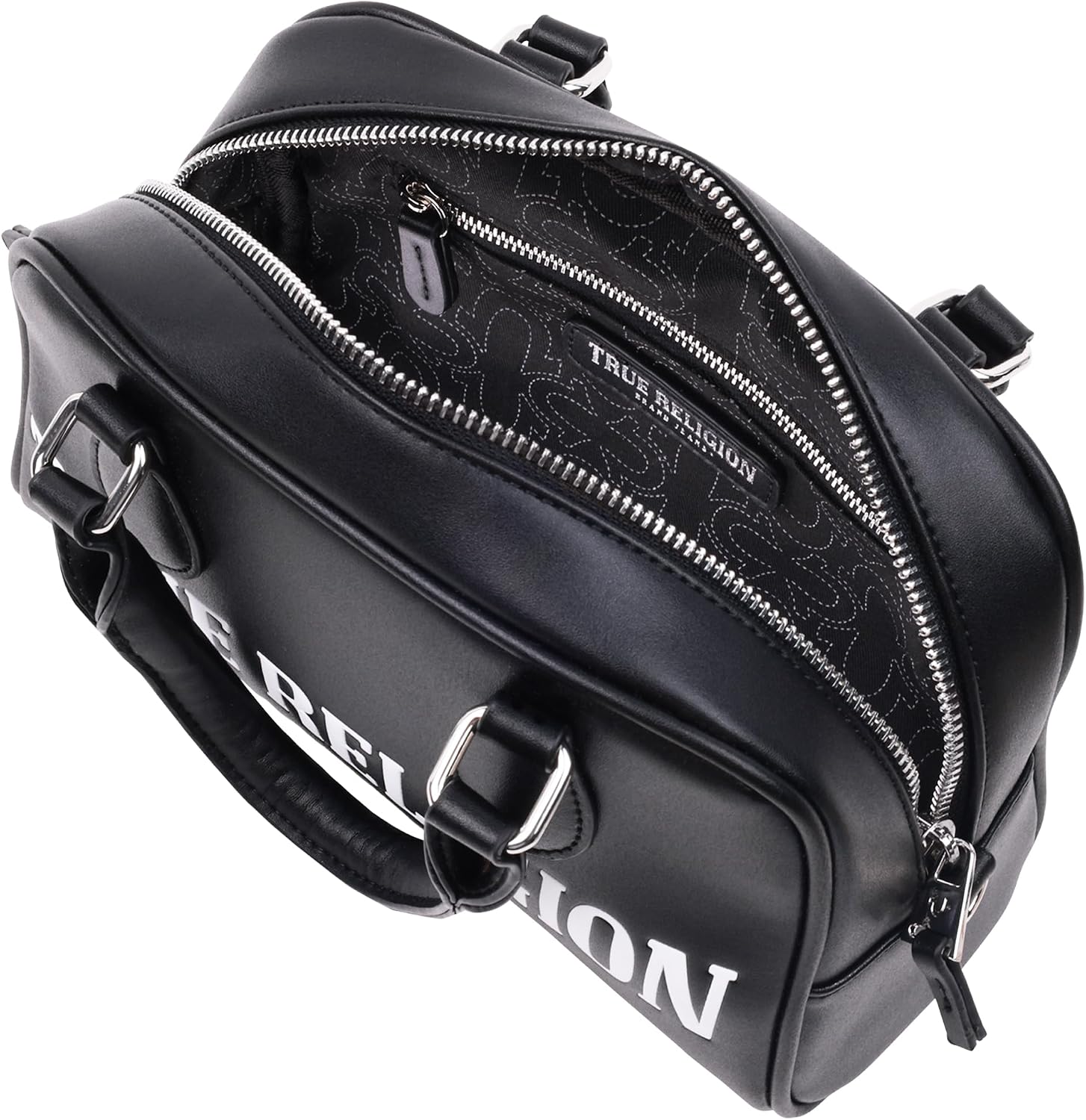 True Religion Mini Satchel, Structured Crossbody Bag with Big Logo, Adjustable Shoulder Strap, Black