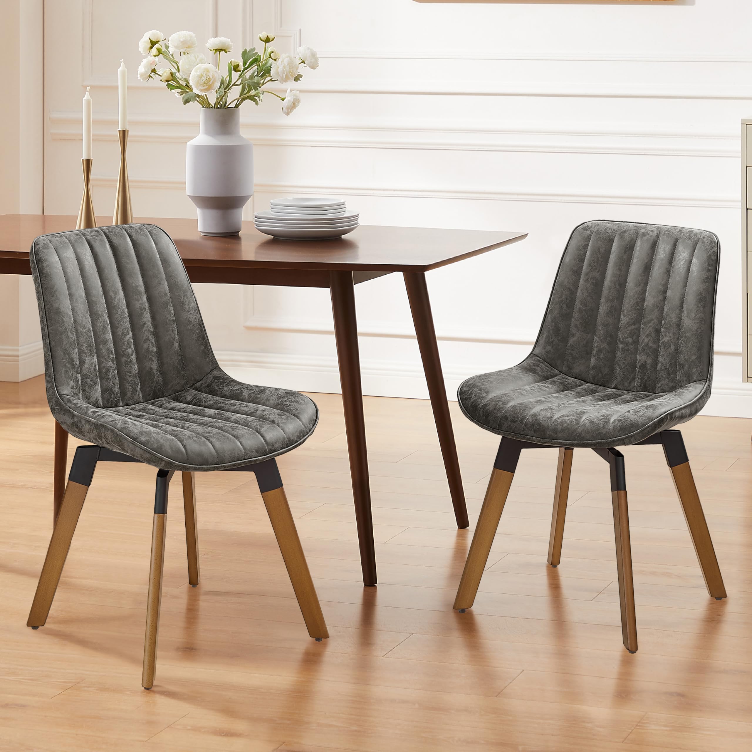 Art Leon Swivel Dining Chairs Set of 2, Mid Century Modern Kitchen Dining Room Chairs, Upholstered Faux Leather Armless Side Chair with Wood Legs for