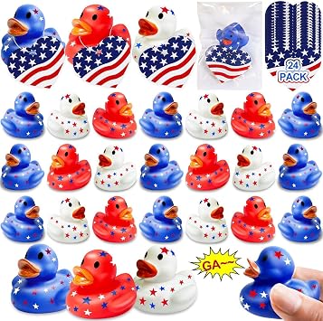 24 Pack 2 Patriotic Rubber Ducks with Cards 4th of July Party Favors 250th Anniversary Baby Bath Toys Mini Duck Squeeze Squeak Summer Beach Pool Fourth July Supplies Red White Blue Gift Memorial Day