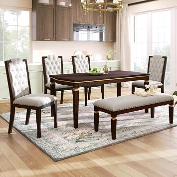 Modern 6-Piece Dining Table Set, 60" Rectangular Table and 4 High-Back Tufted Chairs, 1 Bench for Dining Room and Kitchen Espresso