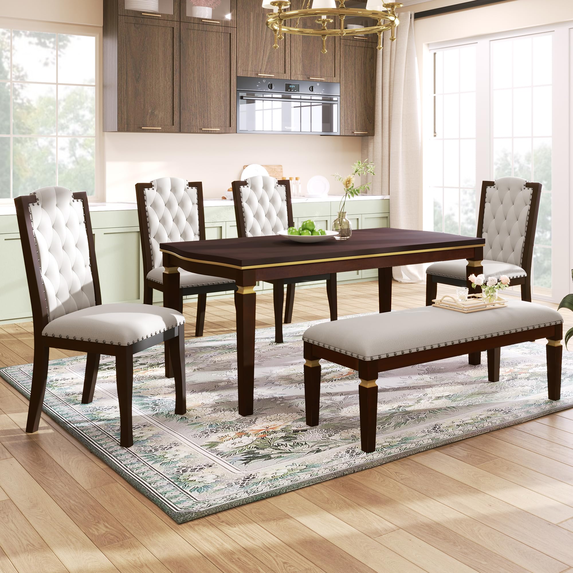 Amazon.com - Merax 6 Piece Dining Table Set with Bench, 60" Wooden Rectangular Table with 4 High ...