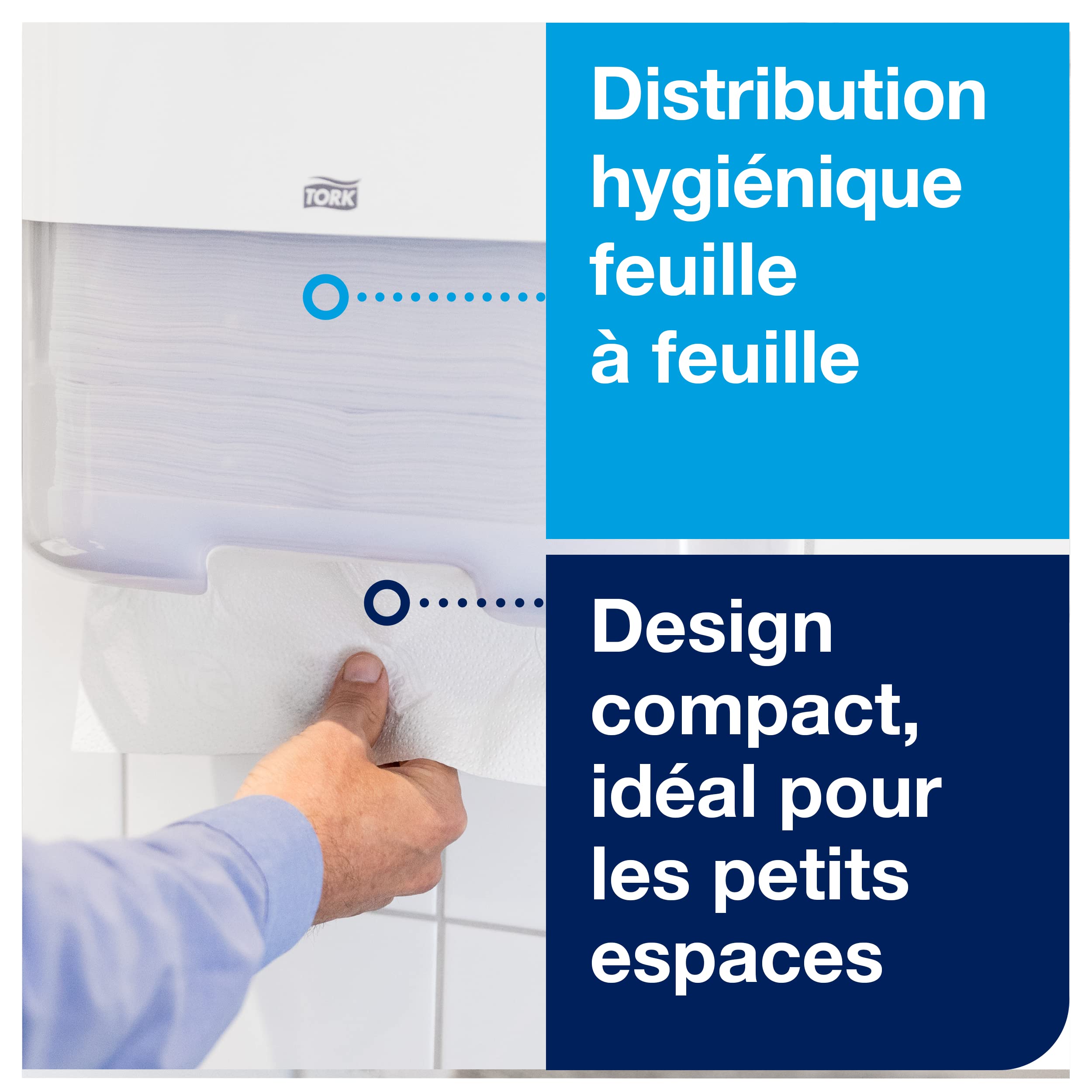 Tork Mini distributeur murale pour essuie-mains pliés en V blanc H3, distribution feuille à feuille, gamme Elevation, 553100