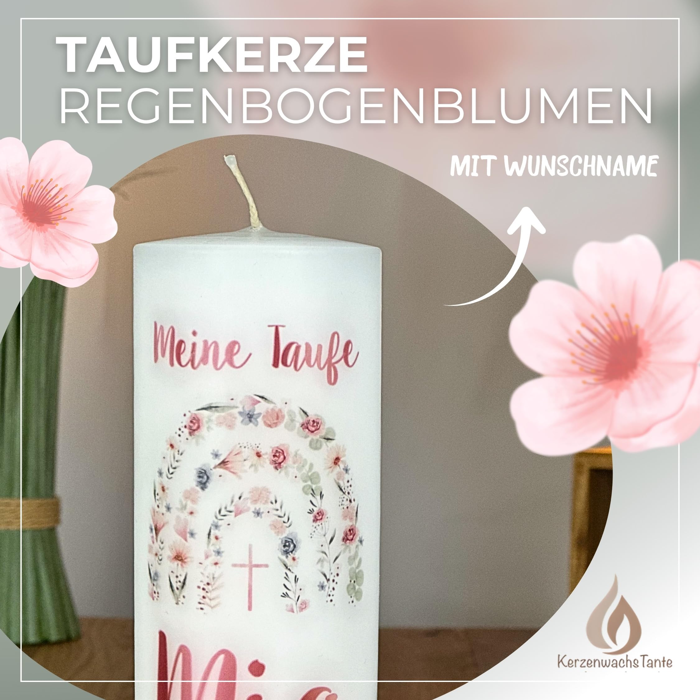 Taufkerze Kommunion Regenbogen mit Blumen und Kreuz - Mit Wunschnamen - Geschenk zur Taufe für Jungen & Mädchen – Handarbeit mit Vintage Spitze & Schleife in rosa (25x7cm)