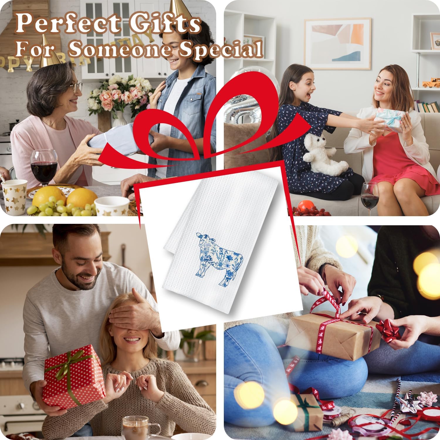 Chicimln Blue and White Floral Cow Kitchen Towels, Cow Lovers Gifts for Women Decorative Hand Towels for Bathroom, Rustic Flower Cattle Dish Tea Towel Drying Cloth for Kitchen, 16x24 Inch - Image 4