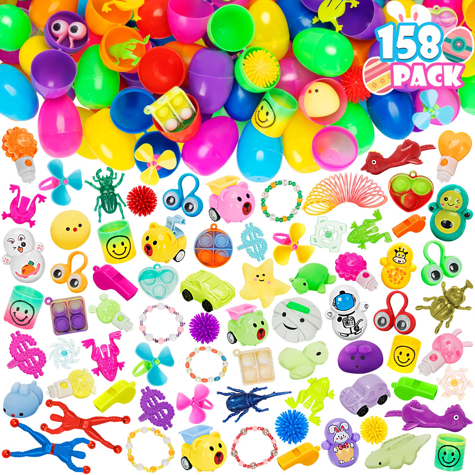 Photo 1 of 158 Pcs Prefilled Plastic Easter Eggs with Toys Inside, Easter Baskets for Kids Already Filled, Easter Theme Party Favor for Toddlers, Easter Eggs Hunt for School Easter Activities, Classroom Prize