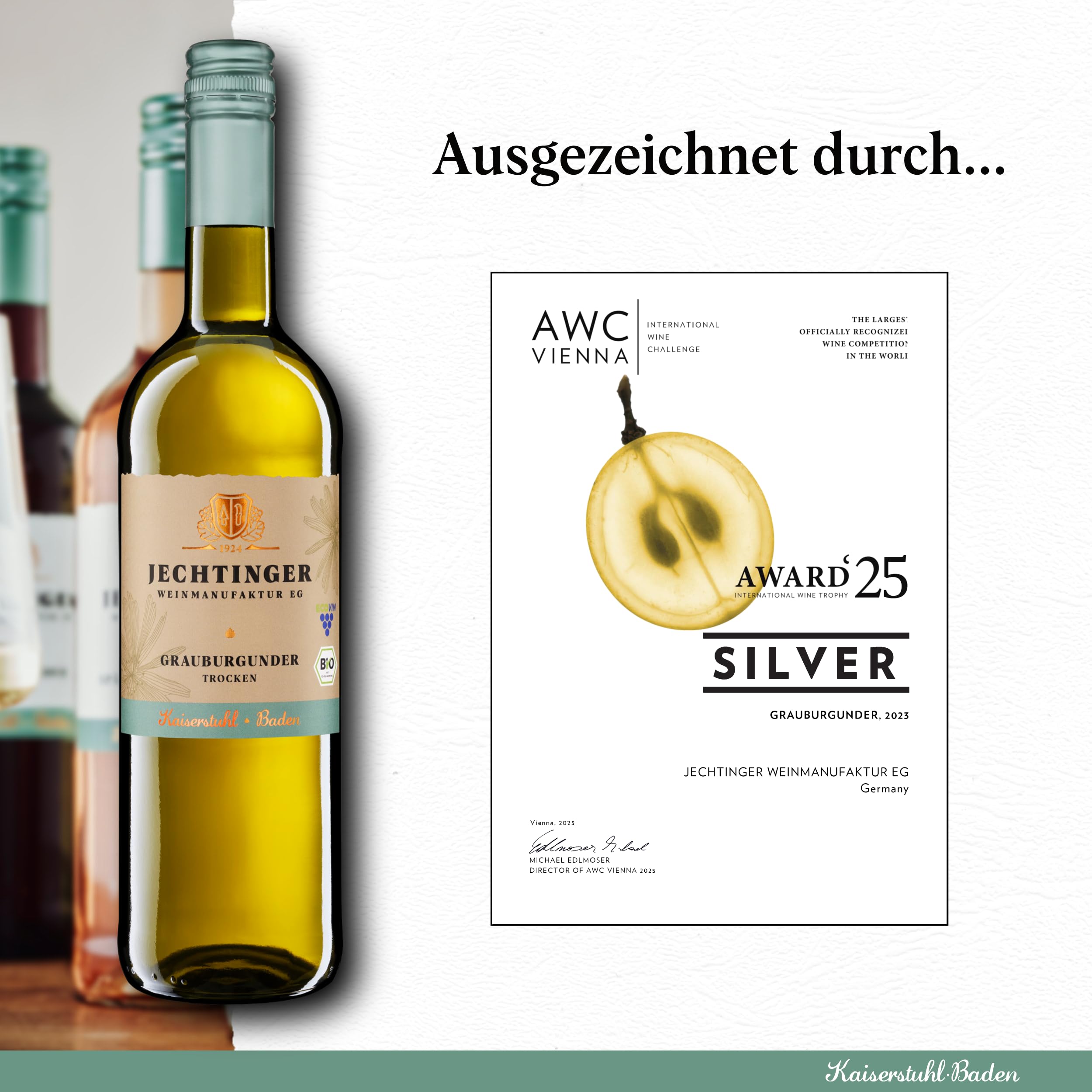 Jechtinger Grauer Burgunder QbA trocken - Silber 2025 AWC Vienna - Bio-Weißwein trocken, sehr anregend im Geschmack - Badischer Bio-Wein, Anbaugebiet Kaiserstuhl (6 x 0,75 l)