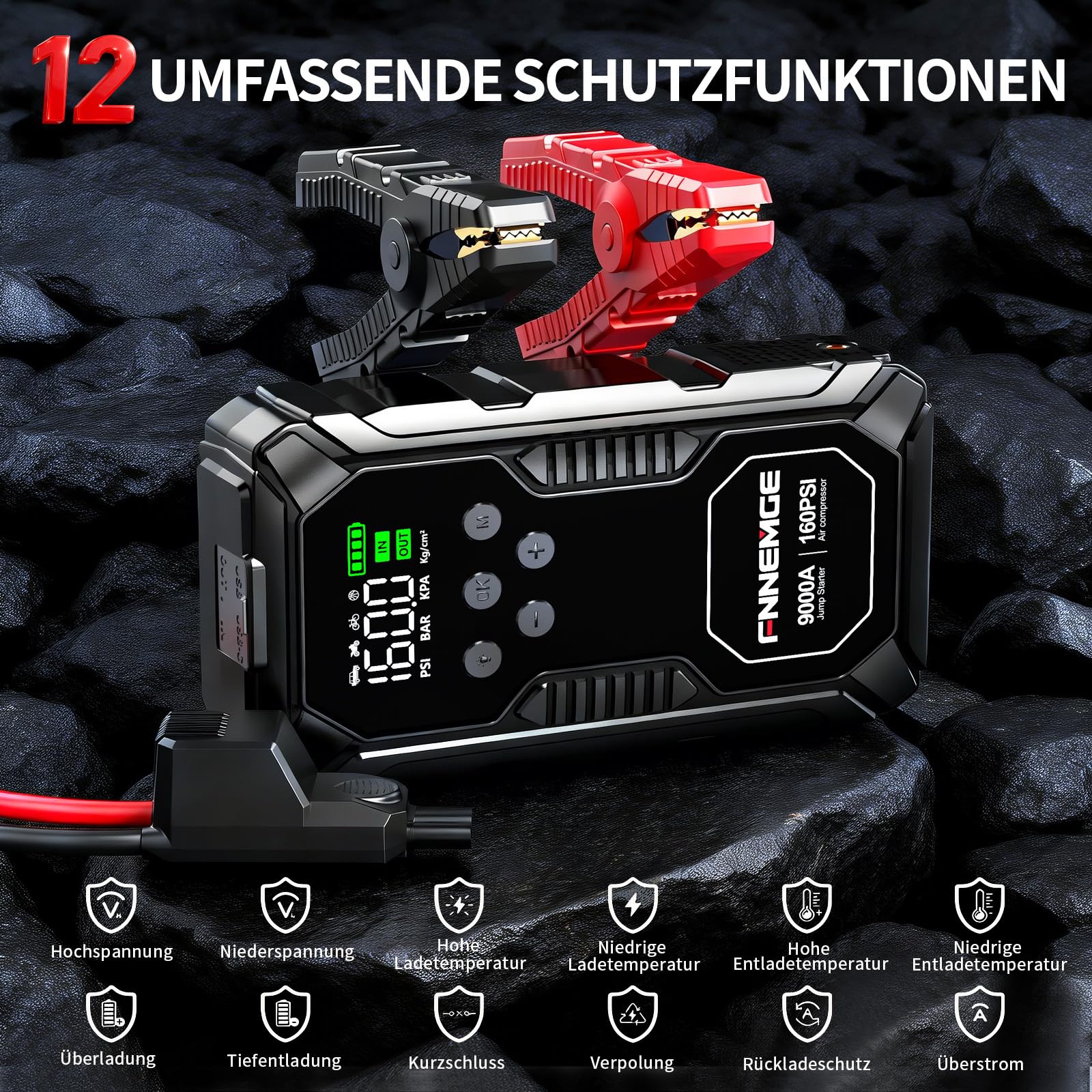FNNEMGE Starthilfe Powerbank 26800mAh 9000A Spitzenleistung, mit 160PSI Kompressor, 12V(Alle Benzin und 12,0L Diesel) Auto Upgrade Booster, mit USB-Ladeausgang, LED-Leuchten, LCD Bildschirm.