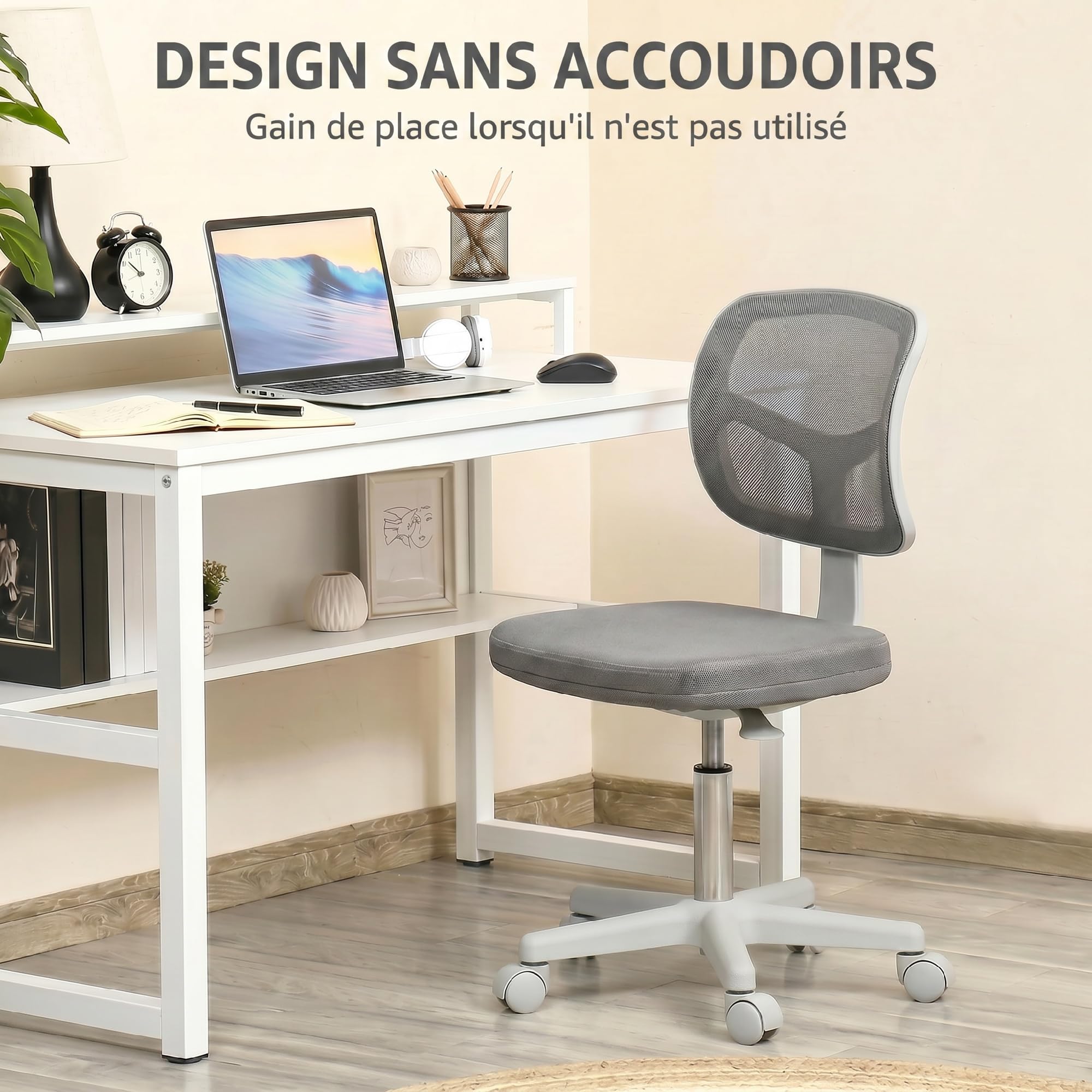 Vinsetto Ergonomischer Bürostuhl ohne Armlehnen, drehbar, Grau | Bürostuhl, gebogene Rückenlehne aus Netz, Rollen, höhenverstellbar, für Schminktisch, Schlafzimmer