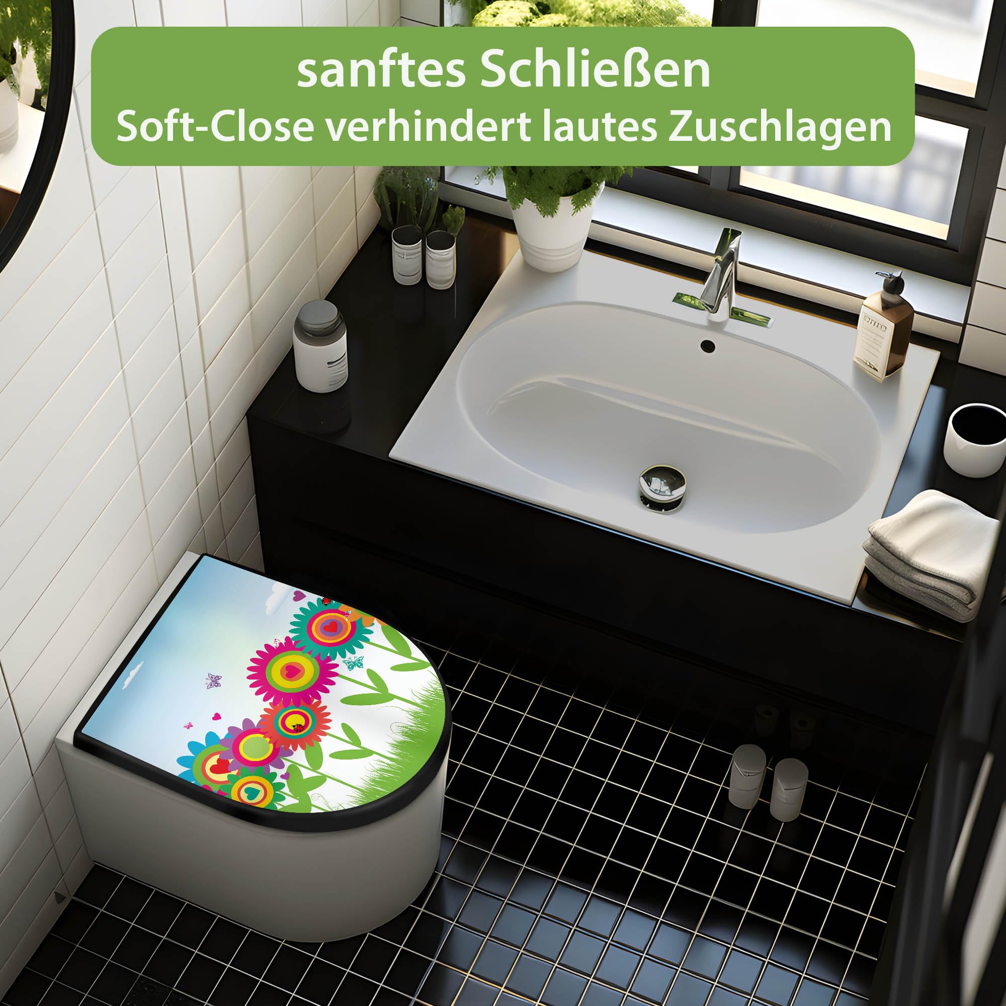 banjado WC Sitz mit Absenkautomatik D Form - Toilettendeckel mit Absenkautomatik D Form - Klodeckel Softclose - stabile Klobrille - Toilettensitz Schwarz - Motiv Bunte Blumen