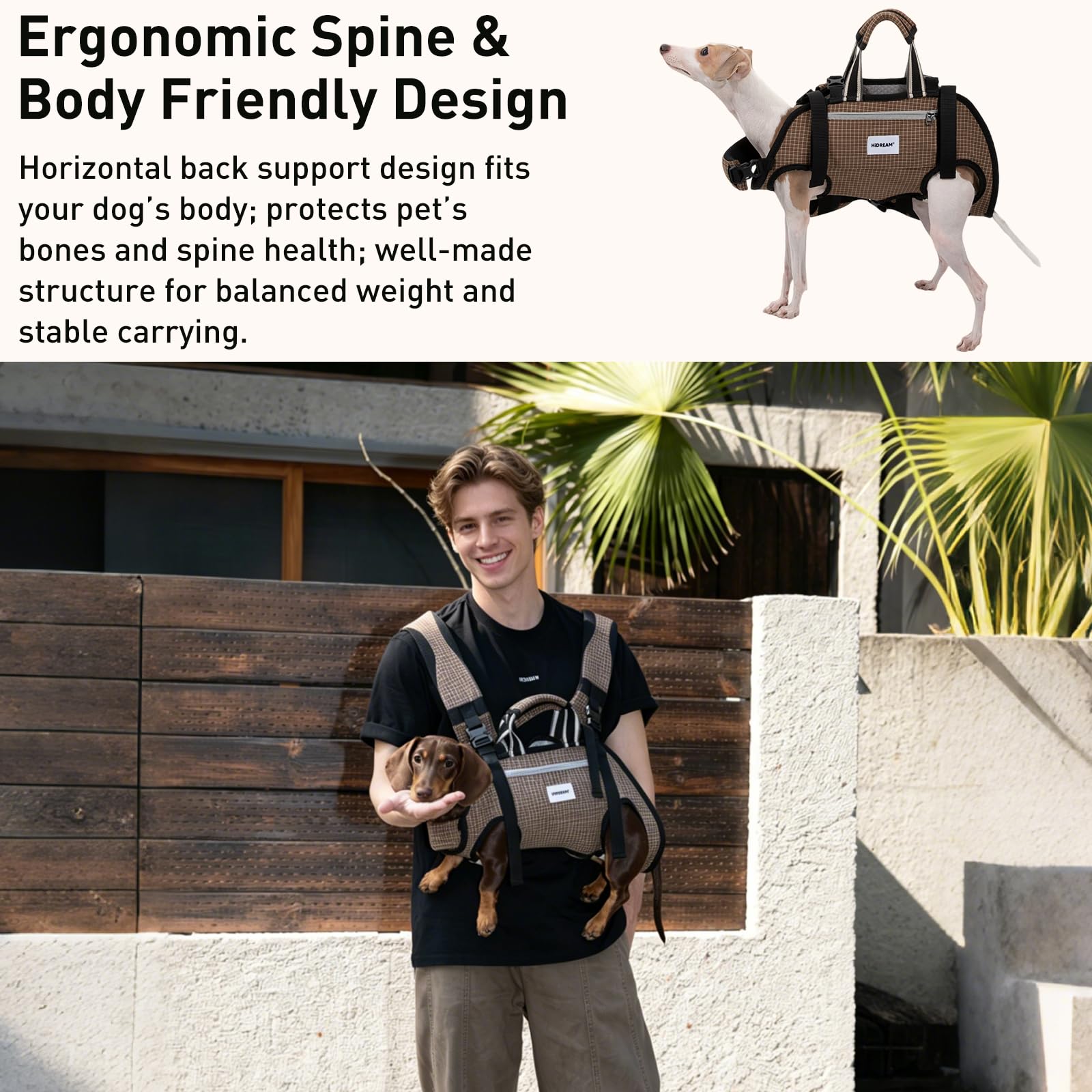 Mochila transportadora para perros, bolsa refrescante de seda de hielo transpirable para mascotas con correas traseras ajustables, diseño horizontal multitransporte y soporte ergonómico de la
