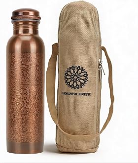 FURNISHFUL FINESSE 34 Ounce Antique Copper Bottle 1000 ml Pure Copper Water B...