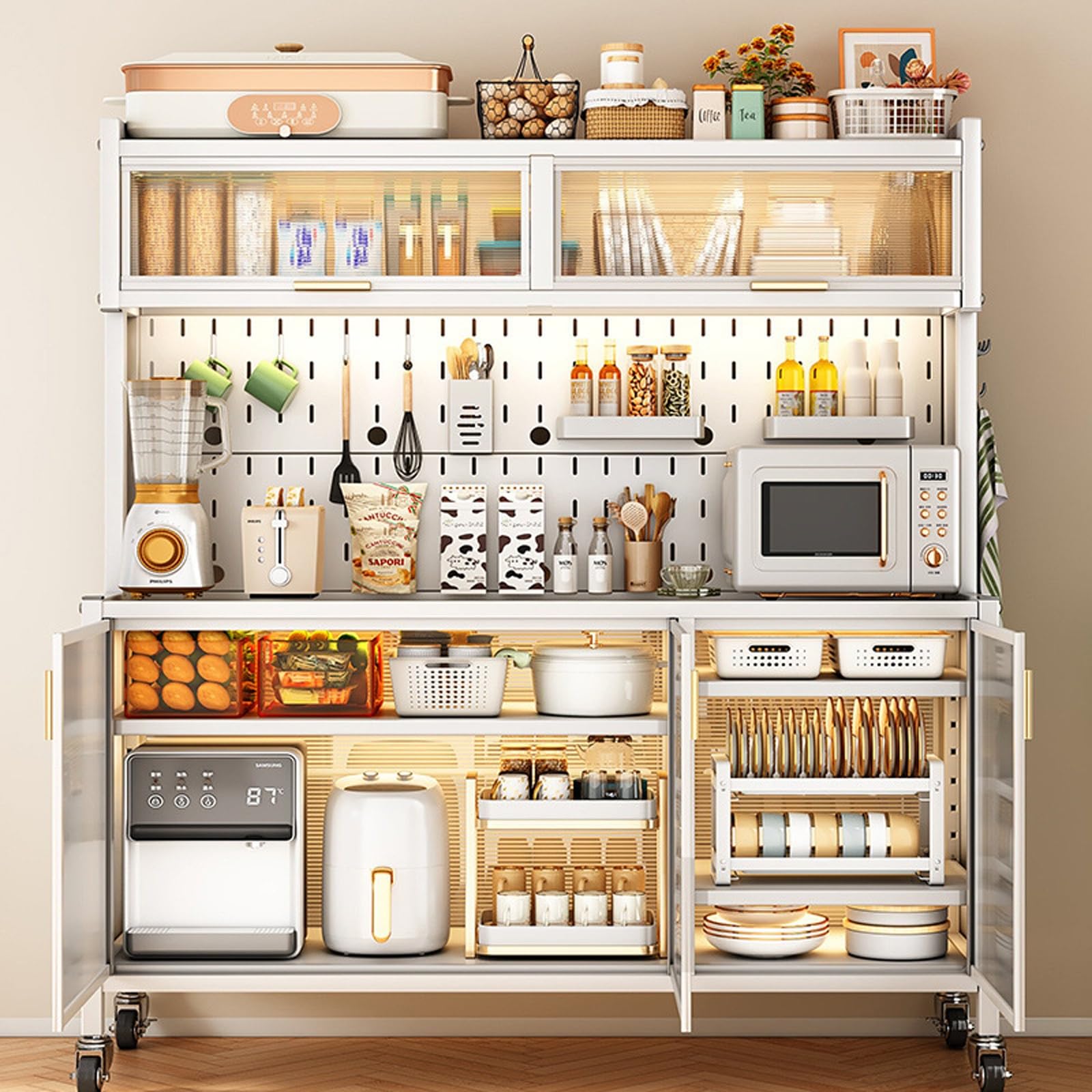 Genérico Estante de Pared para Herramientas con Panel Perforado, Almacenamiento de Brocas, Juego de Llaves, Soportes, Estante de Cocina de Metal con Soporte para microondas, Carrito de Almacenamiento