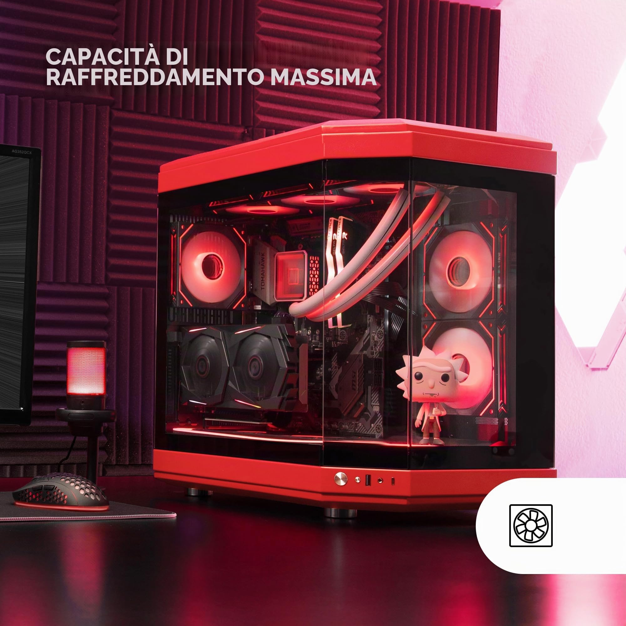 Mars Gaming MC-3T, Case Gaming Custom ATX, Vetro Temperato Continuo Tripla Finestra, Supporto Raffreddamento Liquido Completo, Doppia Camera Laterale, 3x Slot PCI Verticali, USB-C e USB 3.0, Rosso