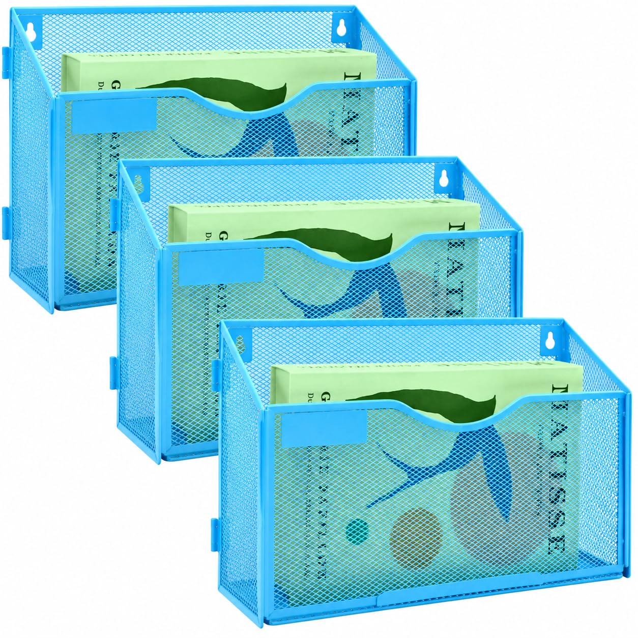 IOUGDSEC 3 Packs 1 Tier A4 Mesh in Tray Hanging Wall File Holder Magazine Document Holder Mail Organiser Magazine Storage Rack,Durable Metal Mesh Filing Storage, Sky Blue