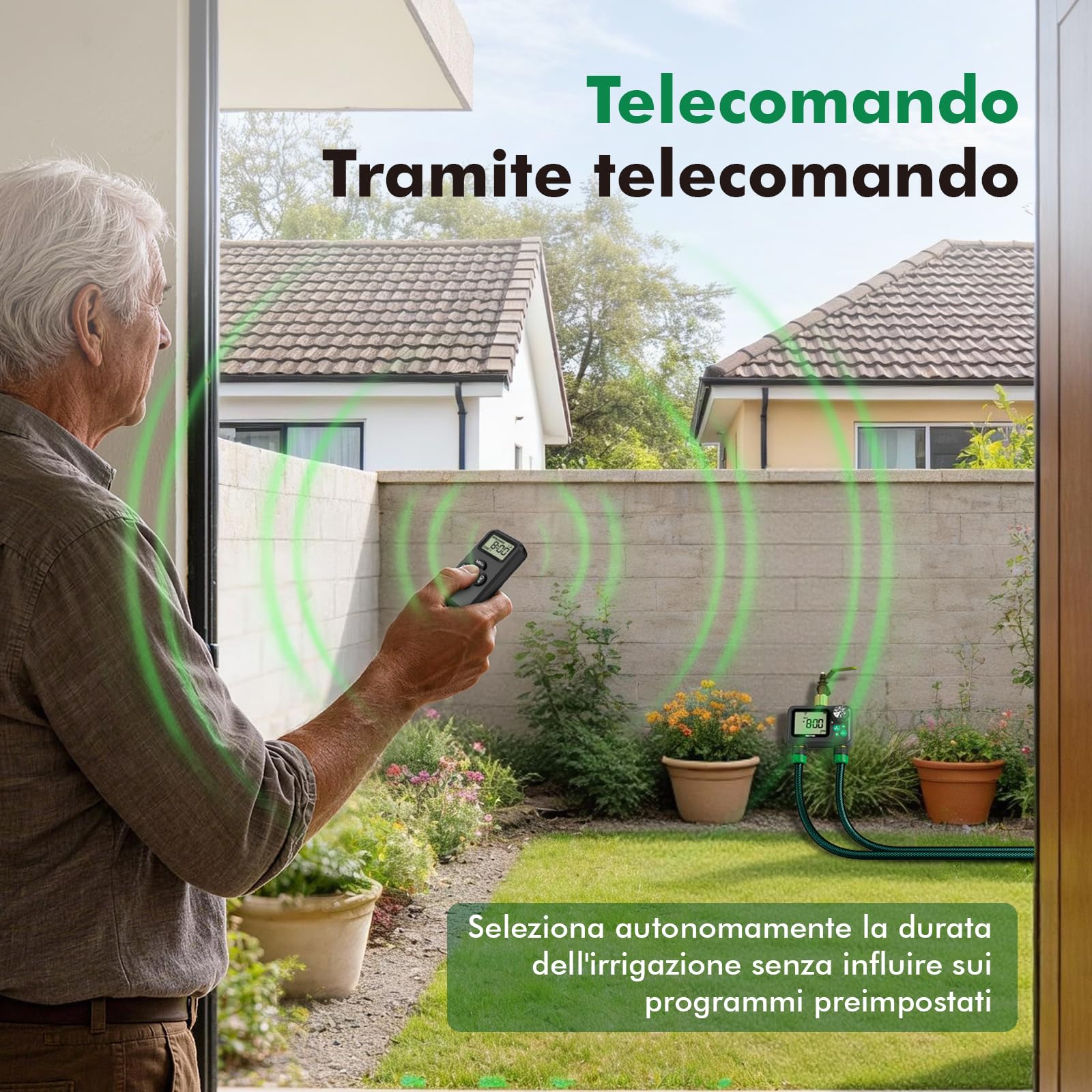 RESTMO Computer di Irrigazione a 2 Zona con Chip RF e Telecomando | Automatico/Manuale/Ritardo della Pioggia, Timer di Irrigazione, Per Tubo da Giardino, Rubinetto dell'Acqua Esterno, Prato