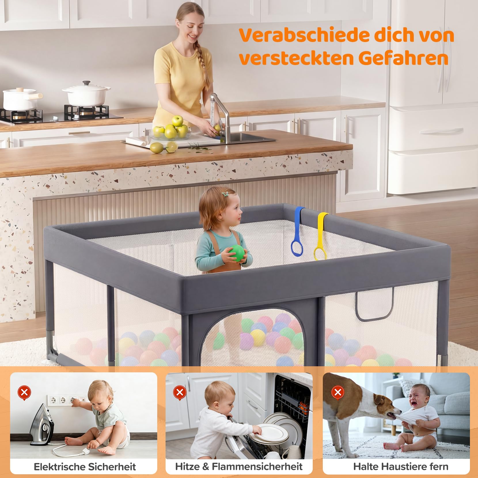 Dripex Laufstall Baby, Großes Laufgitter Baby faltbar für 2-3 Kinder, Indoor & Outdoor laufgitter & -Ställe mit atmungsaktivem Netz & 5 Pull-up Rings, 47x71", Hellgrau | All-in-One Design mit rundum gepolstertem Rahmen, integrierter Matte, 2 Greifringen u