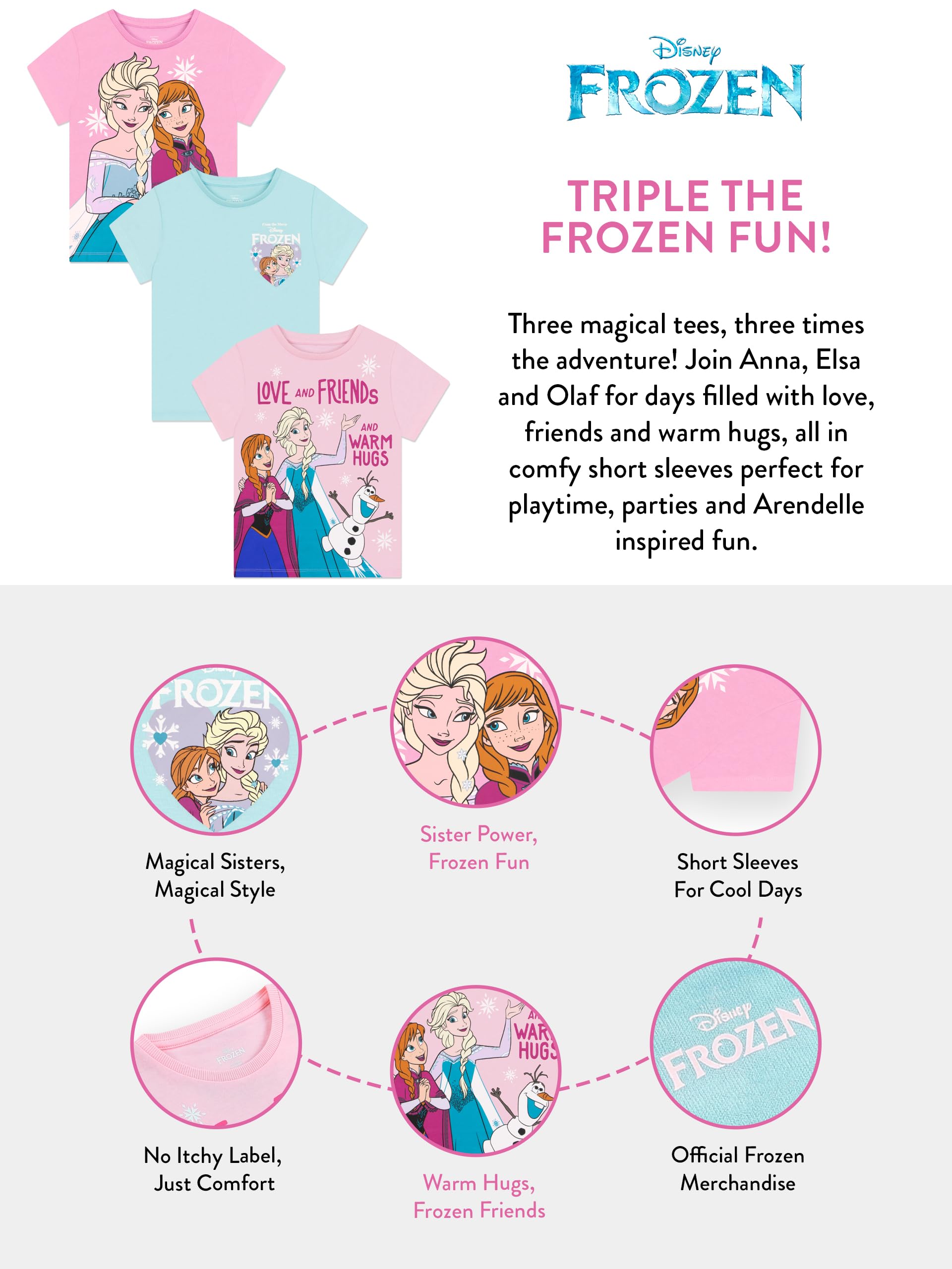 Disney Frozen Pack 3 Camisetas Niña con Elsa, Anna Y Olaf, Top Niña Manga Corta para El Verano, Ropa Niña