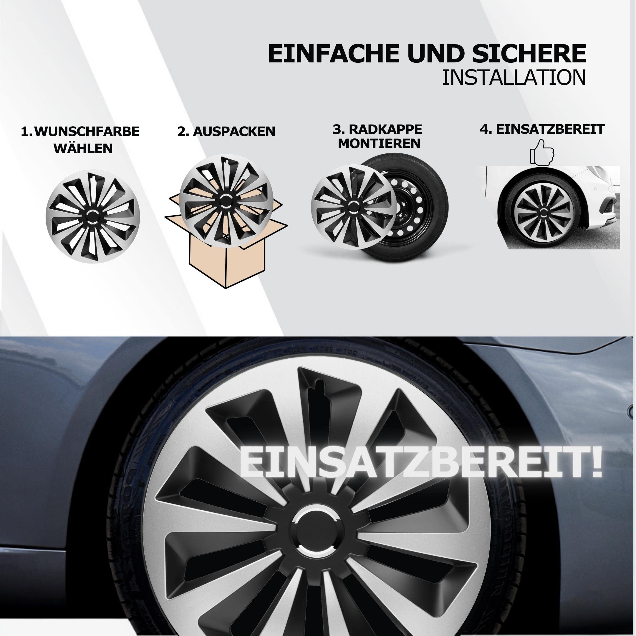 Copricerchi 14 Pollici Argento-Nero Set da 4 The Rock per Cerchi in Acciaio | Coppe ruote e borchie copricerchio, resistenti a ruggine e intemperie, montaggio a clip, per la maggior parte delle auto