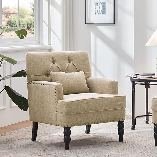Miniatura 58 de HUIMO Silla de club copetuda, silla decorativa con almohada lumbar, sillón con botones de tela de lino, sillas tapizadas para dormitorio, sala de