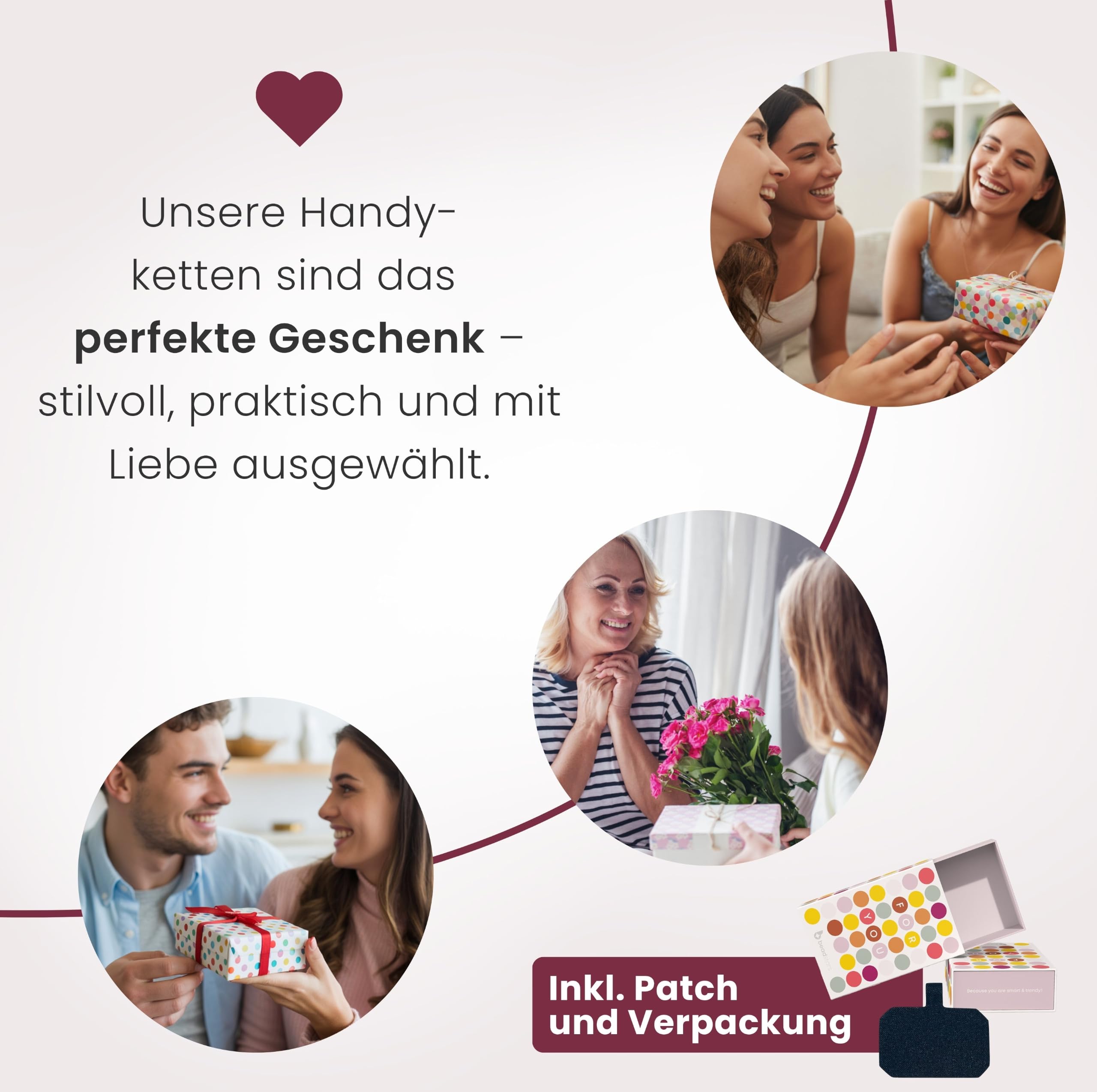 Uniwersalny łańcuszek na telefon komórkowy z koralikami, do zawieszenia, wraz z łatką i pudełkiem na prezent, ręcznie wykonany w Niemczech, kolorowe drewniane koraliki, różne długości