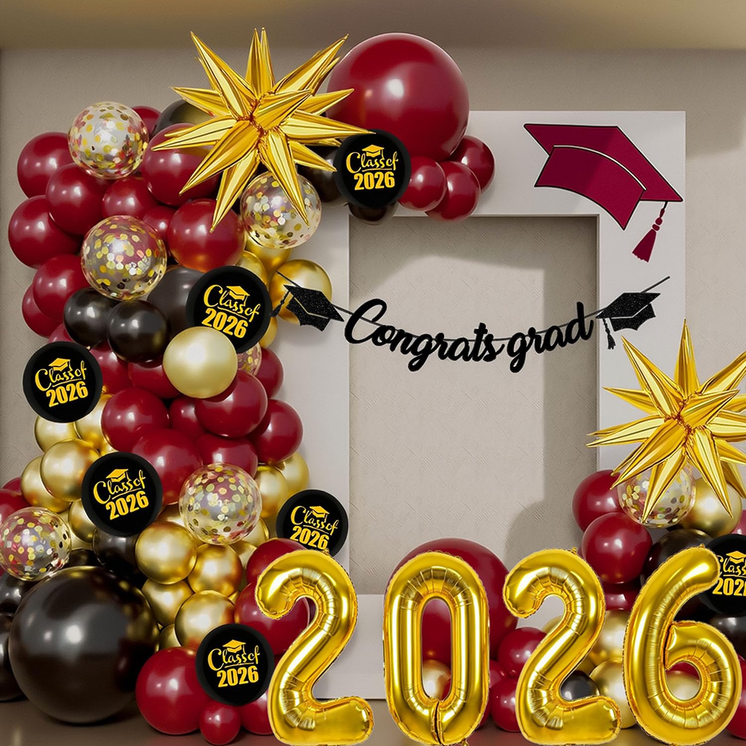 Photo 1 of Graduation Balloon Arch Garland Kit 2026, 18" 10" Maroon Gold Balloons with Congrats Grad Banner 32" 2026 Foil Balloons for Class of 2026 Decorations High School College Graduation Decorations