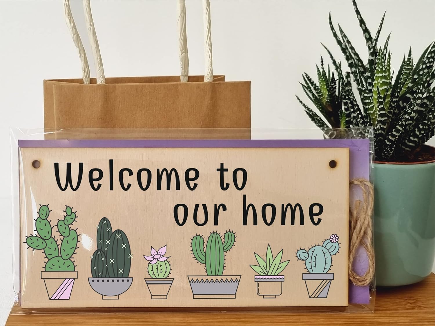 The Plum Penguin Handmade Wooden Hanging Wall Plaque Welcome to Our Home Cactus House Plants Decorative Sign New Home Gift Hallway - Image 4