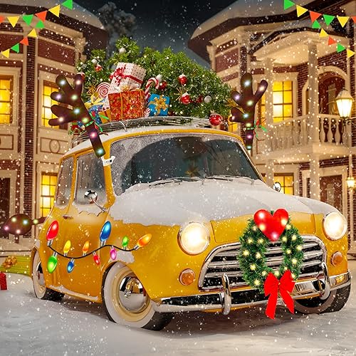 Vista 2 de Cunno Paquete de 3 cuernos de reno de Navidad para automóvil con luces LED, decoración de automóvil de Navidad, corona de Navidad, imanes