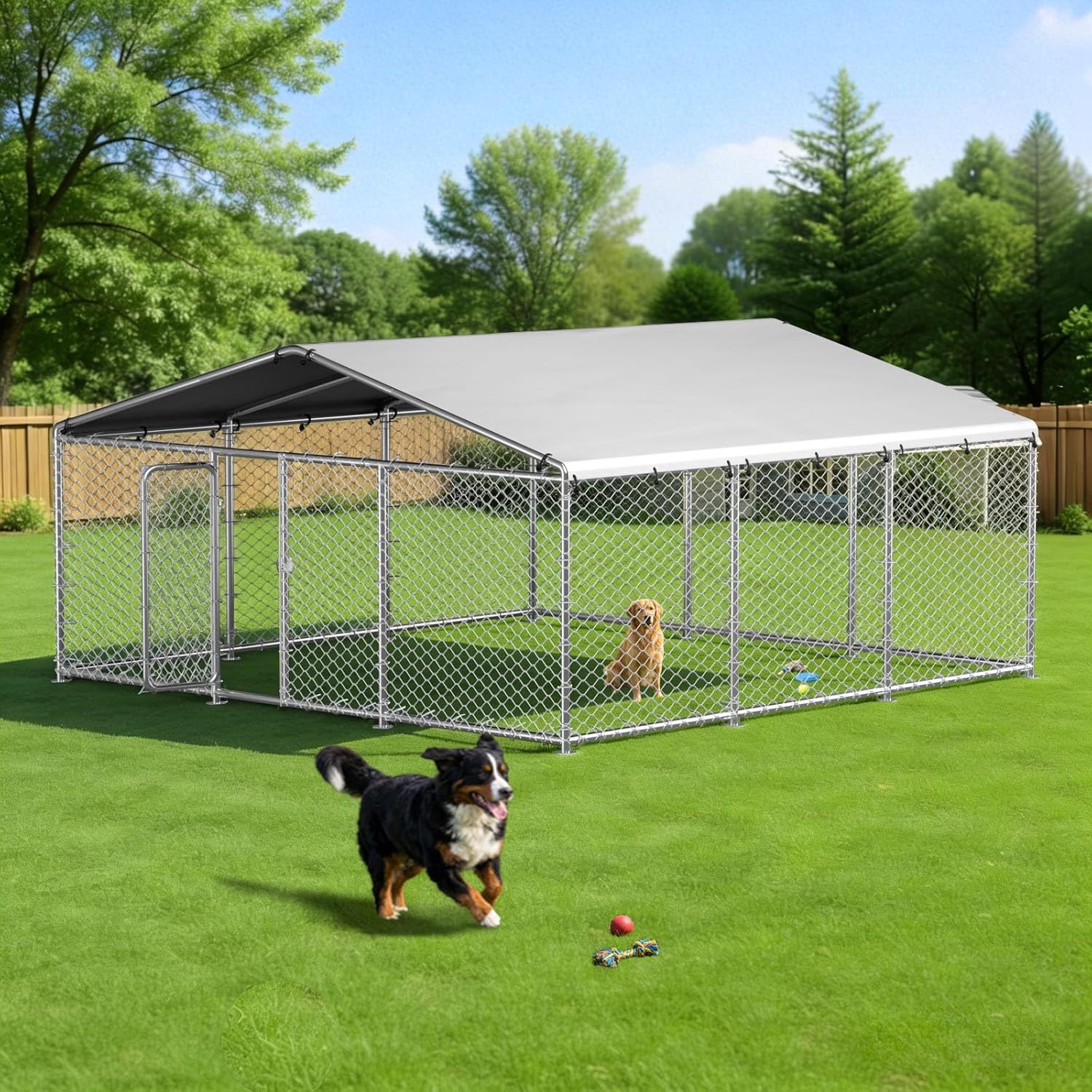 15.3x15.3 ft Outdoor Dog Kennel Outside Heavy Duty Dog Enclosure with Waterproof Cover Roof and Security Lock(183.1x183.1x83.1IN)