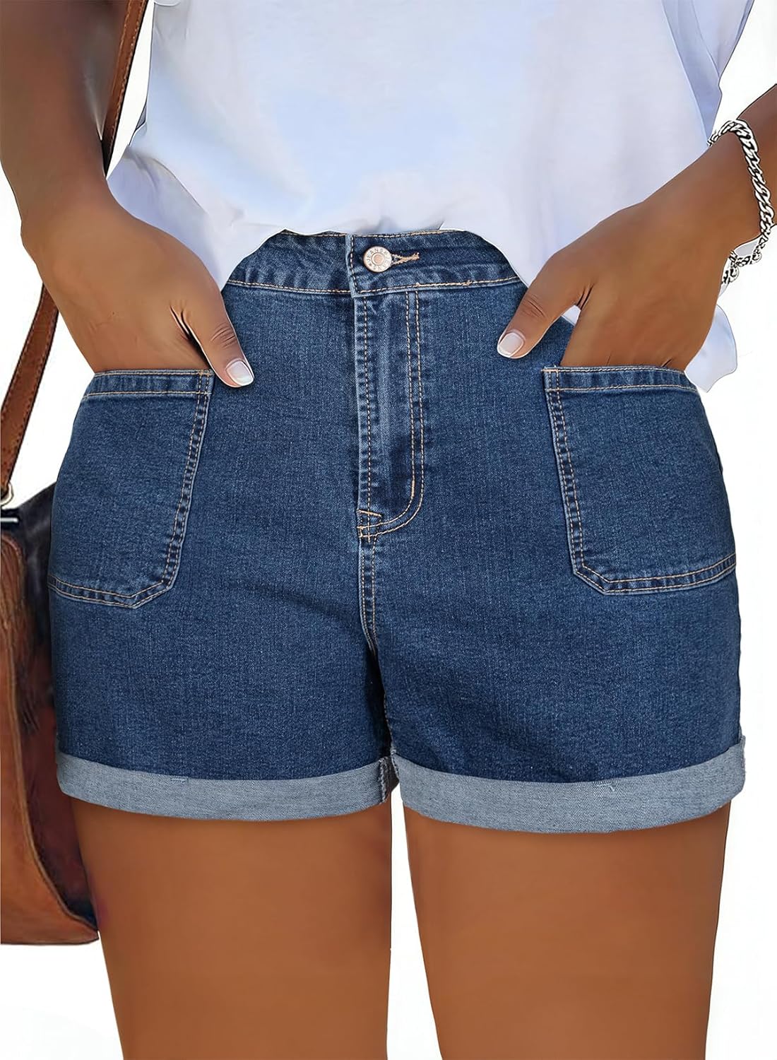 Eytino Women Plus Size Denim Shorts Trendy Stretch High Rise Rolled Hem Summer Casual Jean Shorts with Pockets(1X-5X)