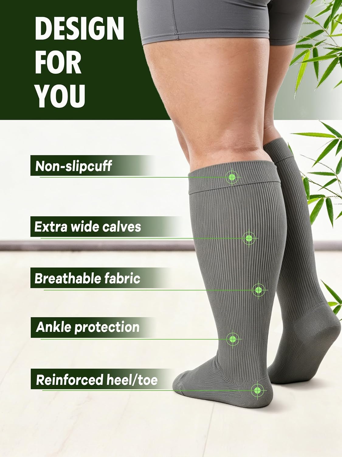 Plus Size Bamboo Compression Socks for Women & Men (2 Pairs), Wide Calf Knee High Support Socks, Graduated 20-30 mmHg