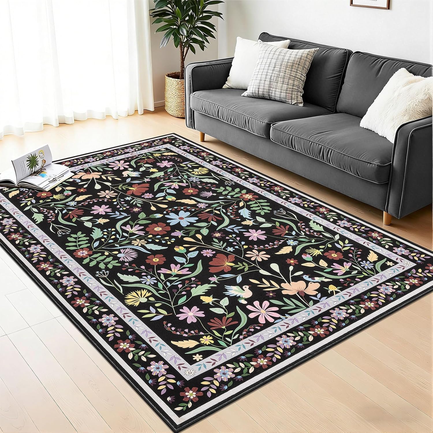 SHACOS 4x6 Boho Area Rugs for Living Room, Machine Washable Floral Carpet for Bedroom Non Slip Soft Nursery Rugs for Kids Room Dining Room Entryway Indoor, Black