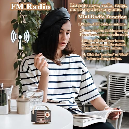Miniatura 4 de Altavoz Bluetooth retro, mini altavoces portátiles inalámbricos compatibles con tarjeta USBTFAUX, altavoz Bluetooth de radio vintage para cocina,