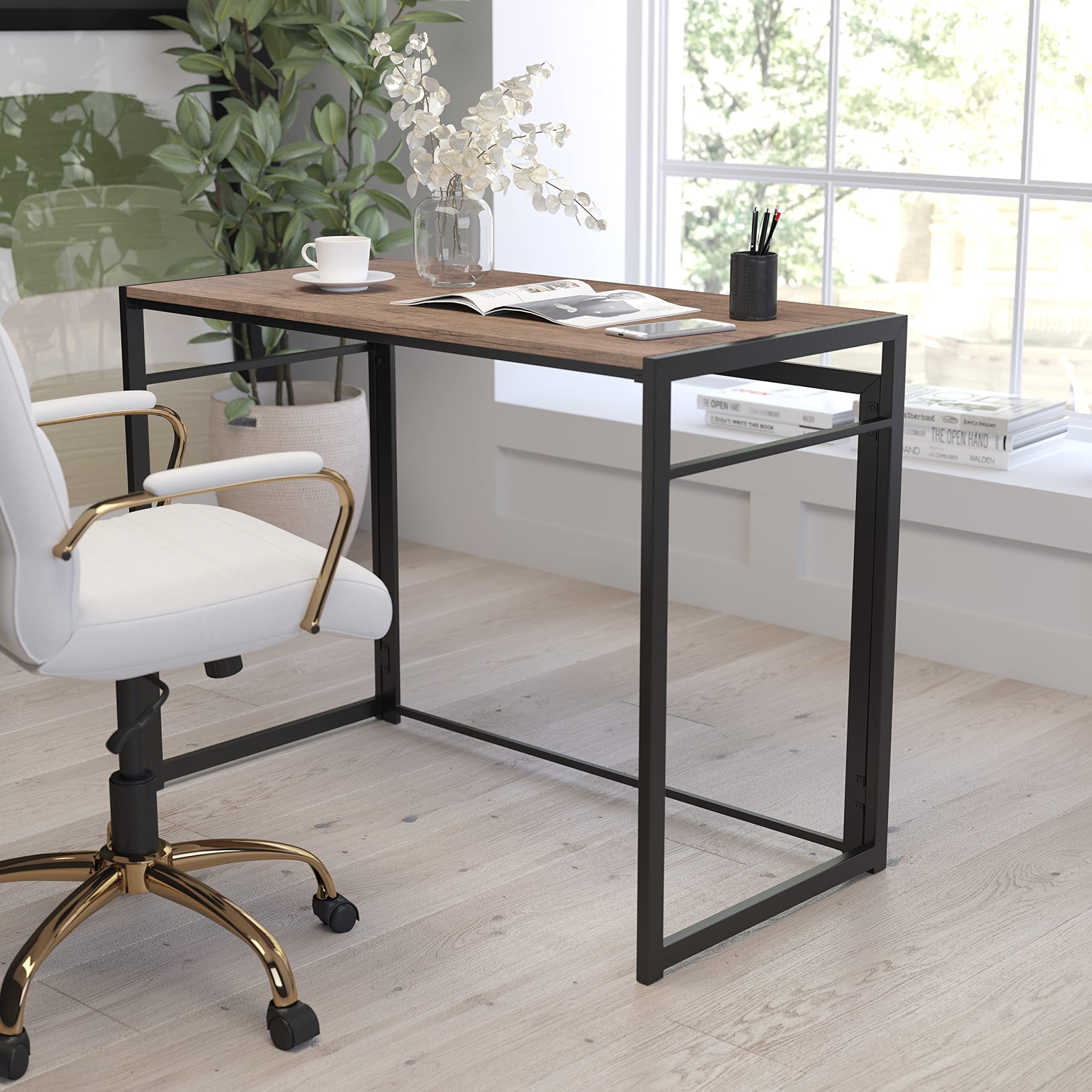 Merrick Lane Perth Computer Desk - Contemporary Rustic Wood Grain Folding Office Computer Desk - Modern Black Frame Writing Desk