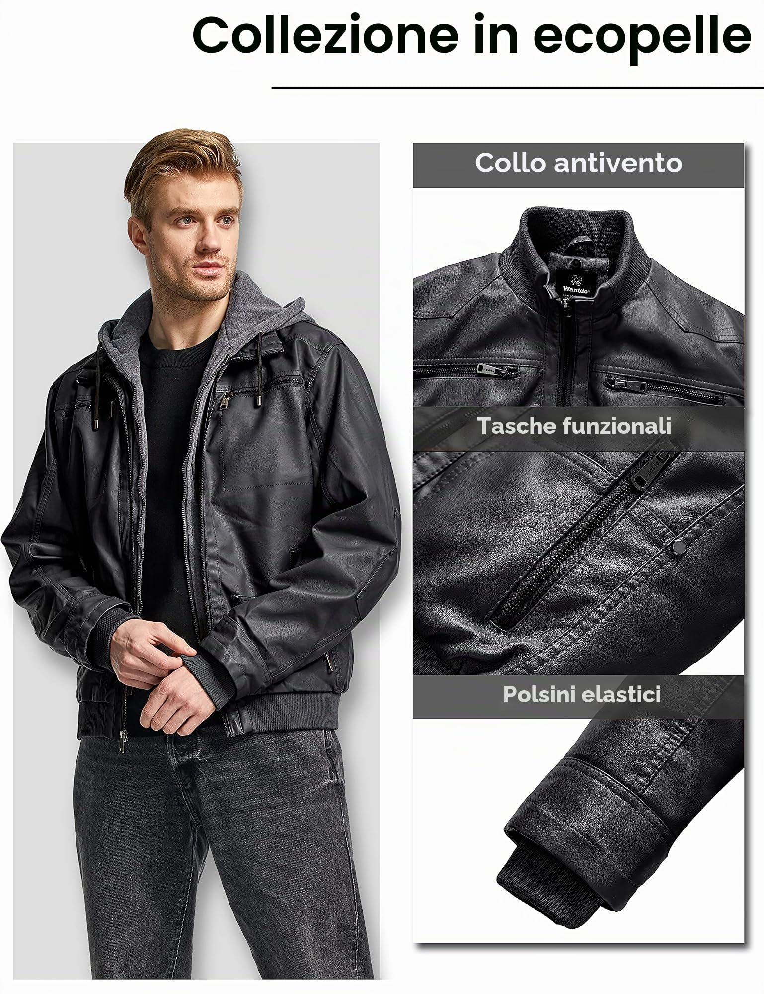 Wantdo Giacca Pelle Uomo Giubbotto Moto Calda con Cappuccio | PU Pelle Sintetica, Antivento,Cappuccio Rimovibile, Impermeabile, Caldo,Tasche con Cerniera, Tasca Interna, per Outdoor&Moto