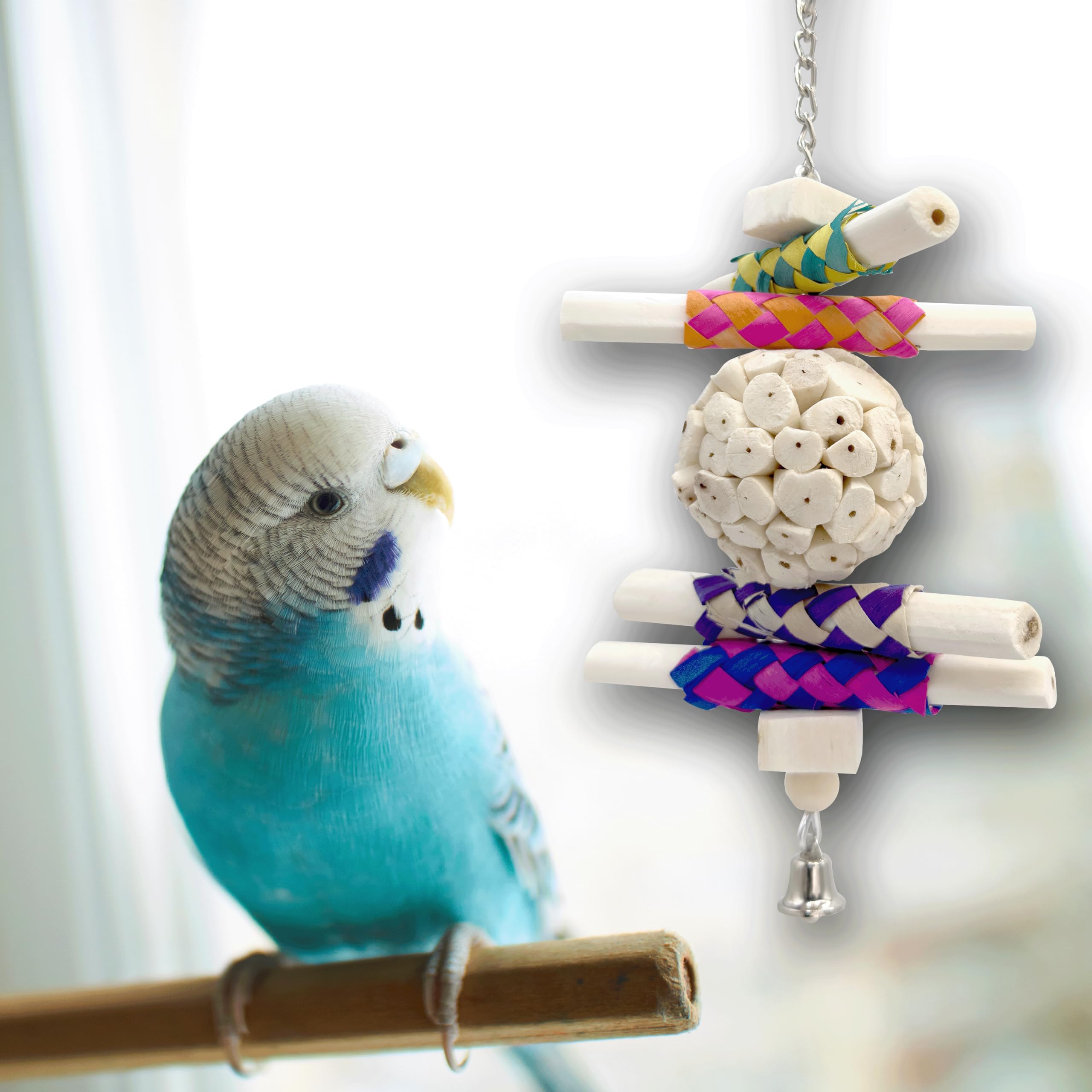 1115 Sola Stickler - Handcrafted Chewable Hanging Bird Toy, Natural Sola Wood Logs, Colorful Bamboo Finger Traps, Handmade Sola Wood Ball, Foraging Fun for Small Size Birds