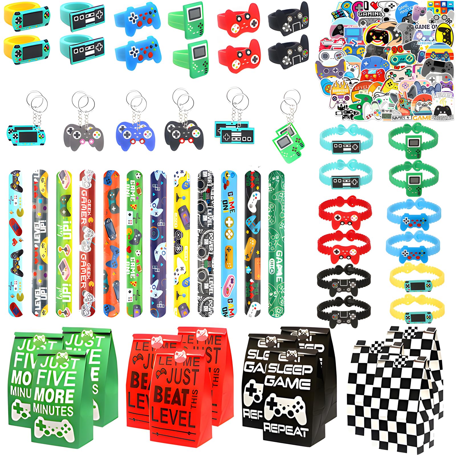 110 Pcs Video Game Party Favors, Gamer party Favors - 12 sets of Gaming Birthday Goodie Bags Included Gift Bags, Game Keychain, Slap Bracelet,