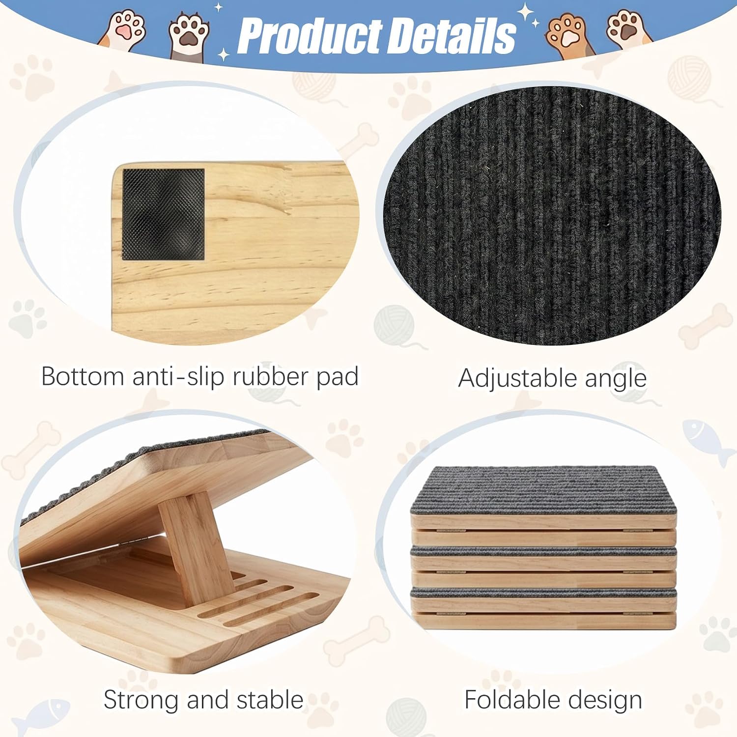 Dog Ramp for Stairs 3 Pack, Dog Safety Ramps Adjustable Height | Wooden Pet Ramp with Anti-Slip Carpet Surface, Suitable for Small Dogs, Cats and Senior Pets, Adjustable 5.5-7.48 Inches