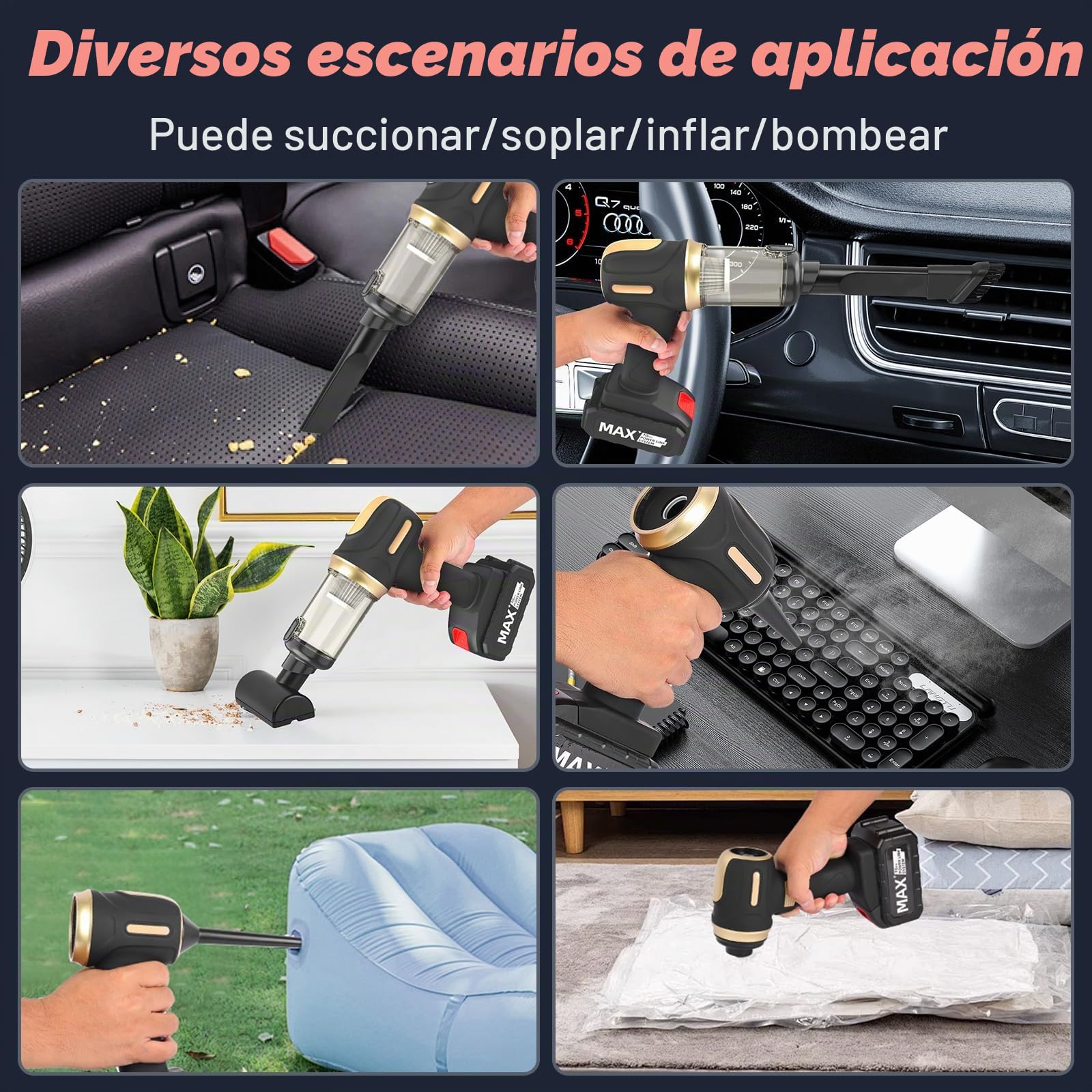 Tiazhan Aspirador de Mano, 21000 Pa/120W Aspirador Coche Potente, 7 en 1/USB Aspiradora Coche, con Batería Extraíble (10000 mAh), para la Limpieza de Automóviles, Hogares y Pelo de Mascotas,Oficina