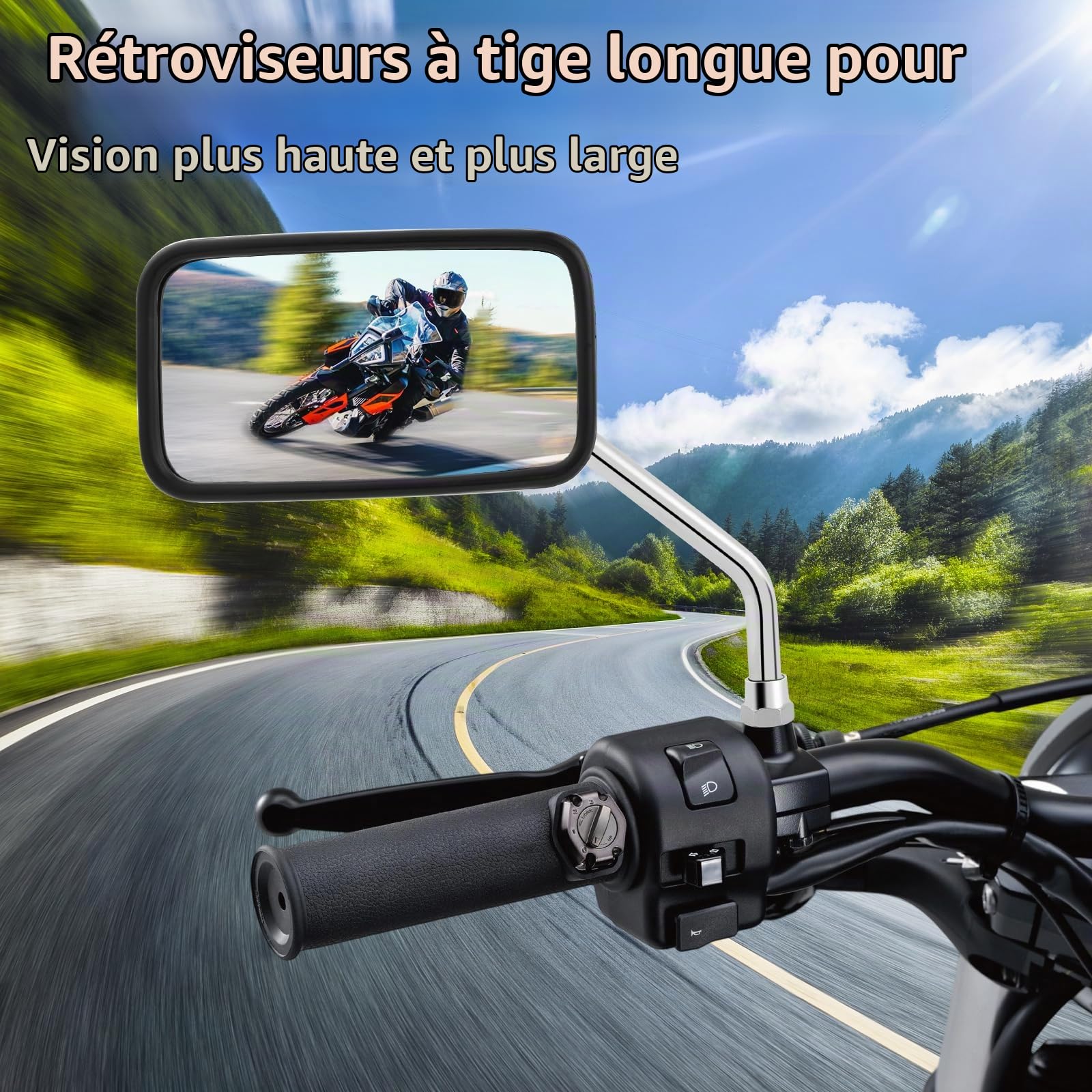 DREAMIZER Retroviseur Moto Chromé 10mm Filetage à Droite Homologué E pour Scooter, Street Bike, Cruiser, Chopper, Sport Bike, ATV