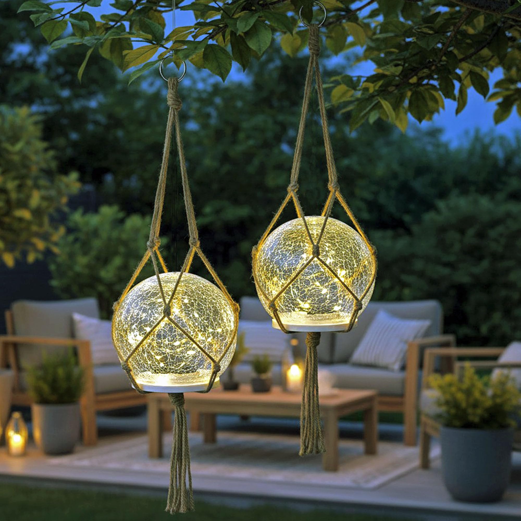 Lampada a sospensione solare e lampada da tavolo, set di 2 lampade solari per esterni, 15 cm, stile bohémien, con vetro di alta qualità con rete di iuta, decorazione da giardino, bianco caldo