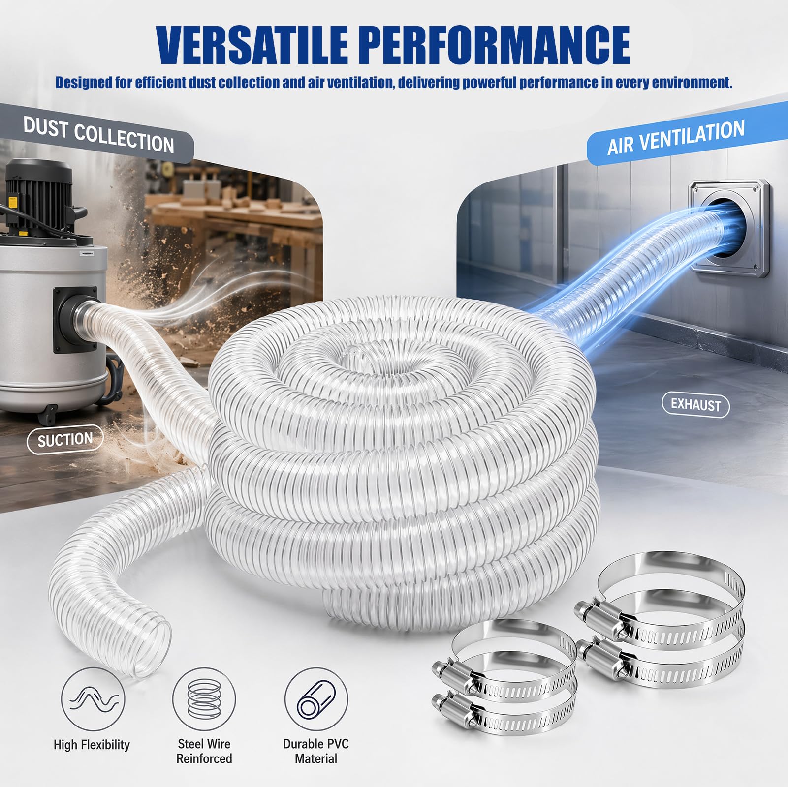 50mm Transparenter PVC Absaugschlauch, Absauganlage Spiralschlauch mit Stahlfeder, Flexibler Staubsaugerschlauch für Werkstatt, CNC, Holzstaubabsaugung, Industrielle Entstaubung (3m)