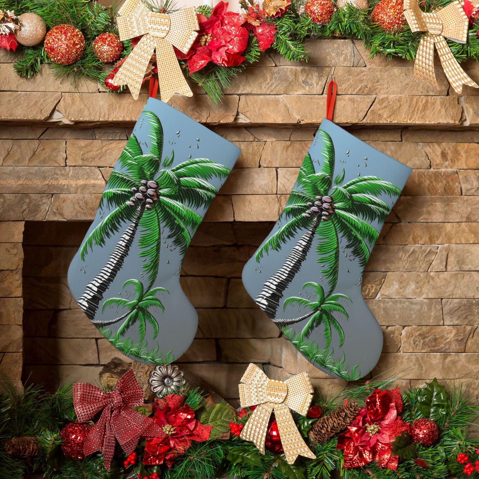 KLOPH Christmas Stockings 18" Personalized Xmas Stocking Coconut Tree Decoration Stocking Hanging Fireplace Stocking for Holiday Xmas Tree Christmas Fireplace Decor