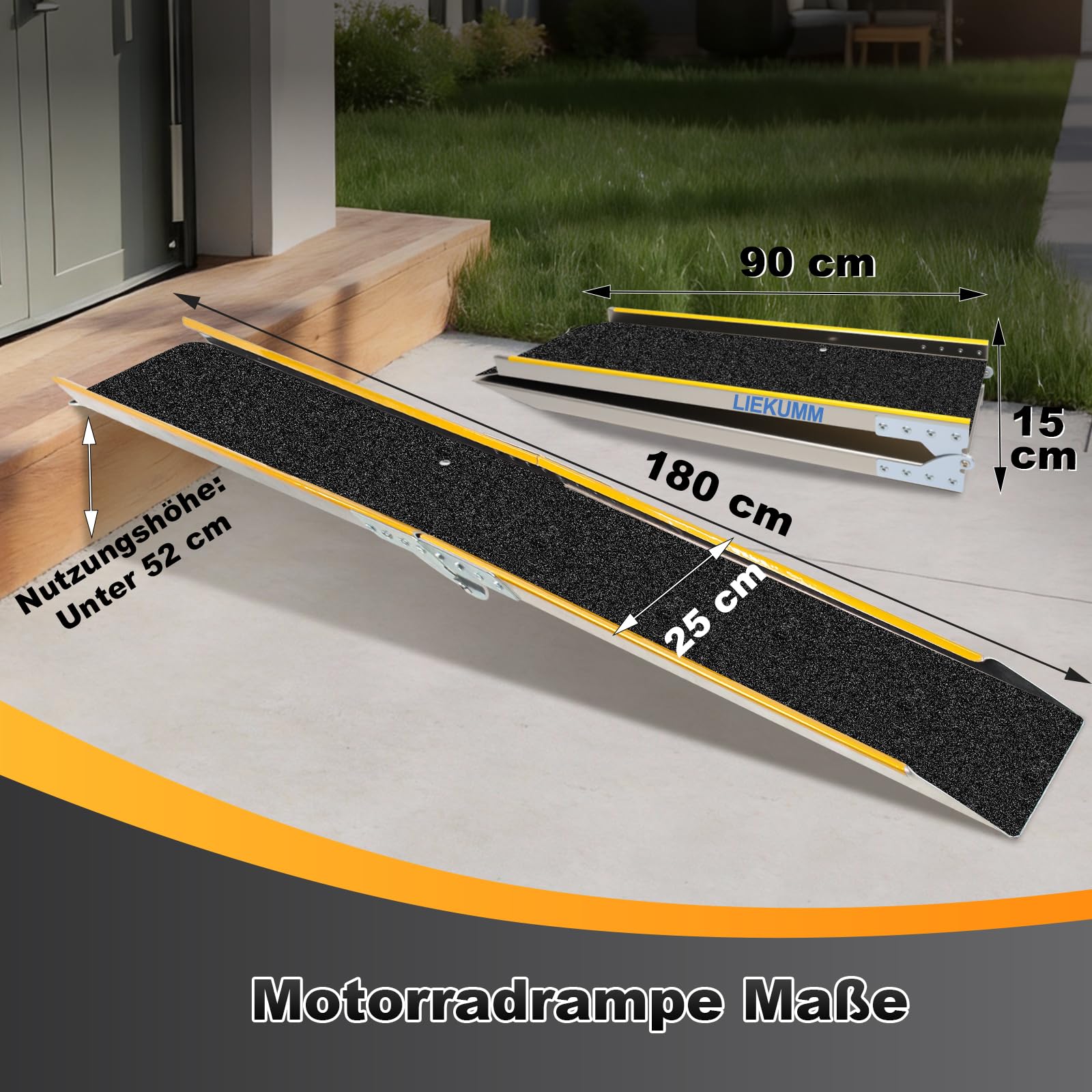 LIEKUMM Auffahrrampe 180 cm, Tragkraft 300 kg, Aluminium Motorrad Rampe Klappbar, rutschfest Auffahrrampe für Anhänger, ATV, Motorrad, Fahrrad, PKW, Auto Laderampe